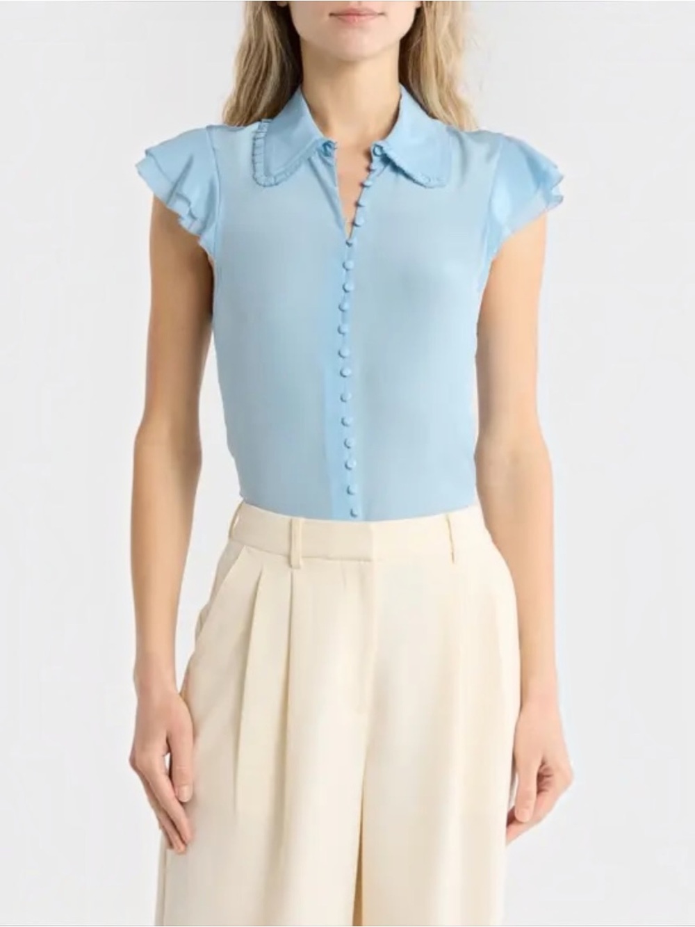 ALICE + OLIVIA Martel Flutter Sleeve Women’s Silk
Button-Up Top Baby Blue Small